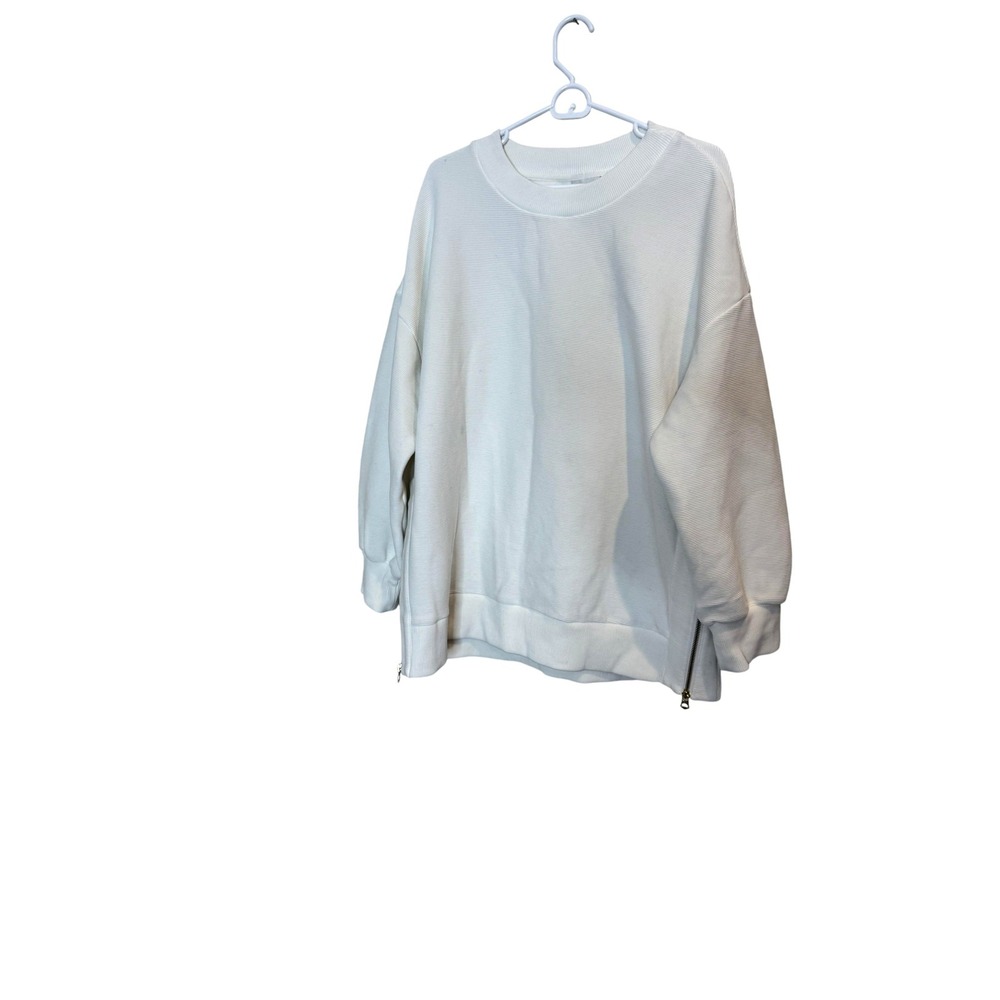 Varley‎ Sweatshirt Womens XL White Ribbed Knit Crewneck Side Zip Pullover